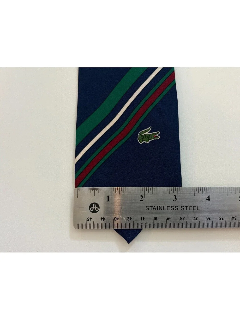 Vintage La Chemise Lacoste Silk Necktie Navy Striped Embroidered Crocodile Japan